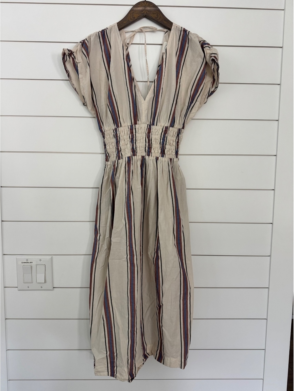 LOFT Beach Striped Midi Dress with Smocked Waist in XXS